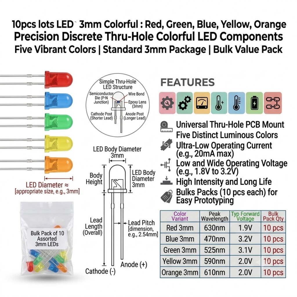 10pcs lots LED 3mm Colorful : Red, Green, Blue, Yellow, Orange