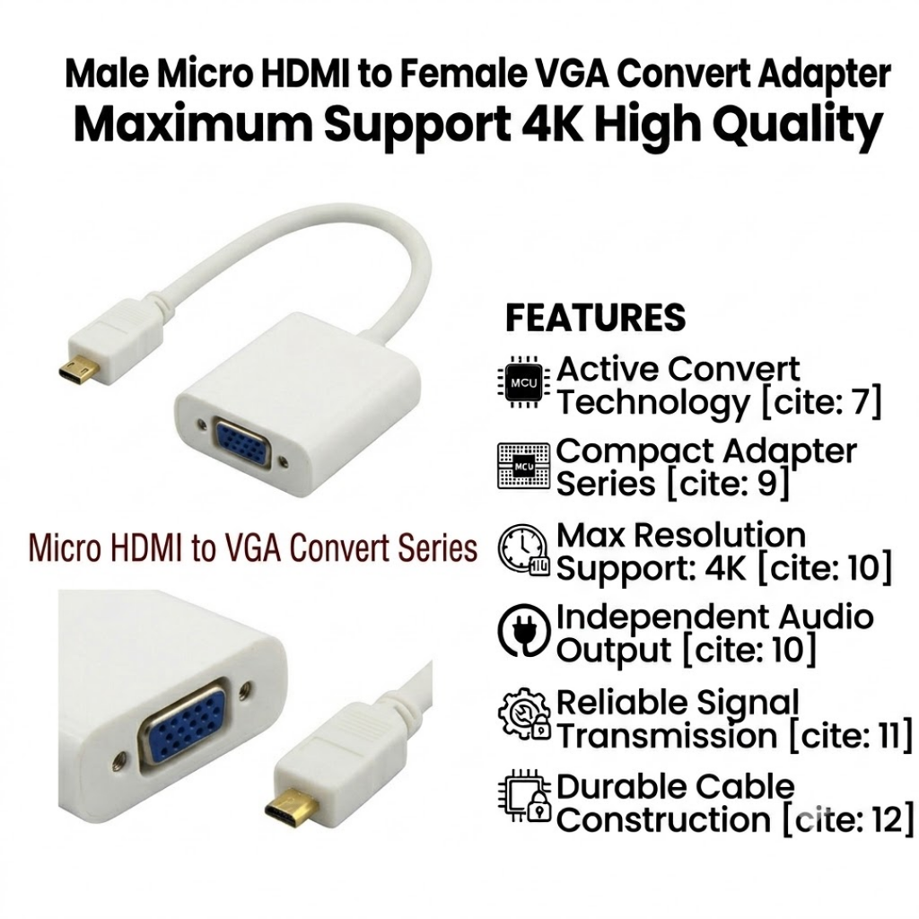 Male Micro HDMI to Female VGA Convert Adapter Maximum Support 4K High Quality