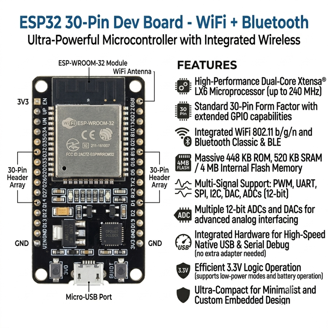 ESP32 30Pins Wifi + Bluetooth Development Board