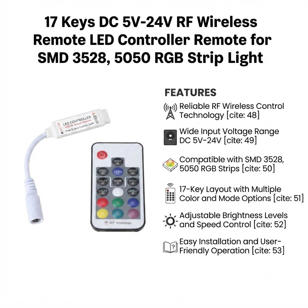 17 Keys DC 5V-24V RF Wireless Remote LED Controller Remote for SMD 3528, 5050 RGB Strip Light