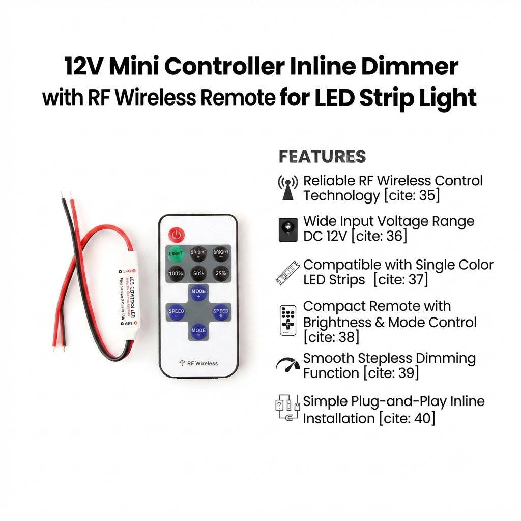 12V Mini Controller Inline Dimmer with RF Wireless Remote for LED Strip Light