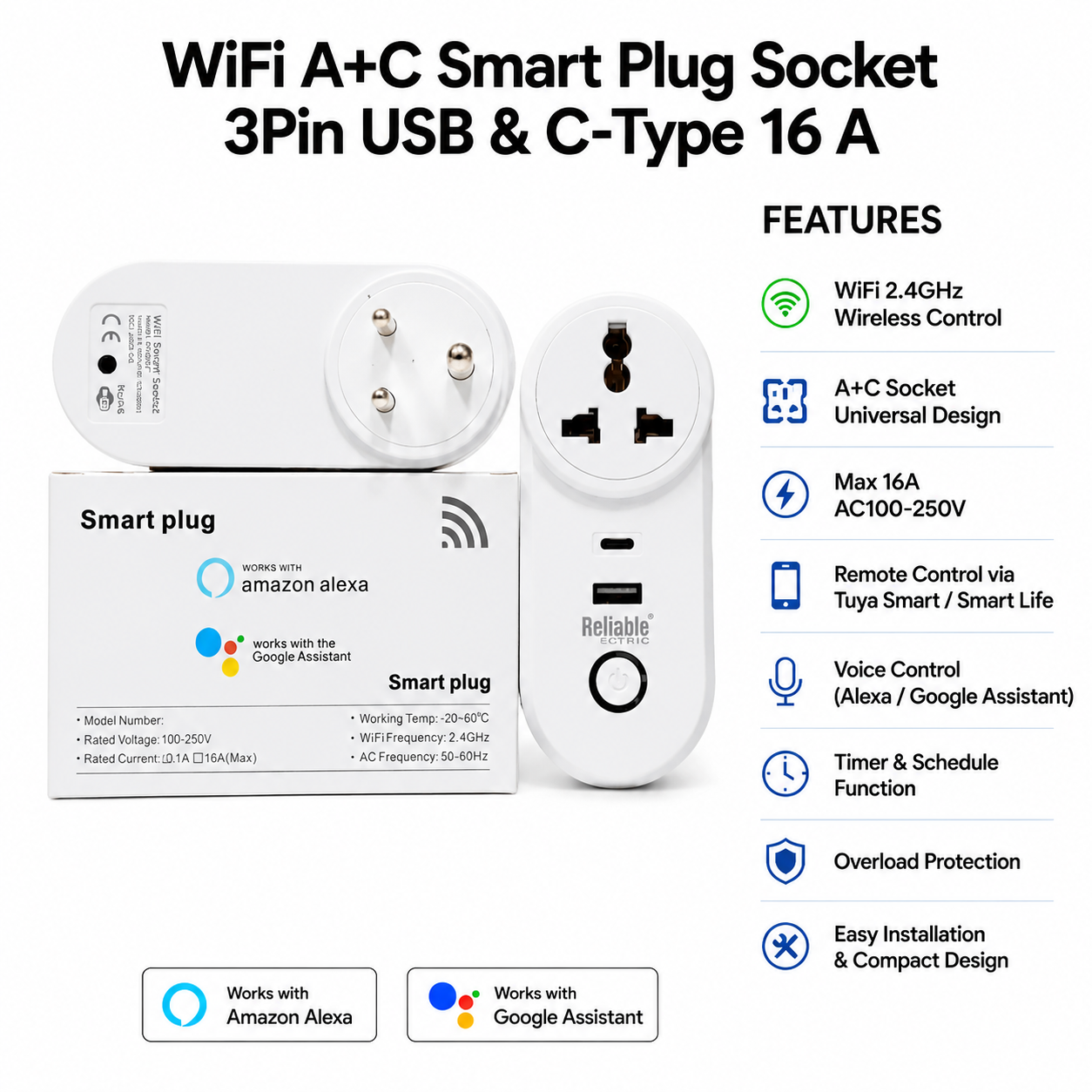 3 Pin USB+ C Type plug smart switch
