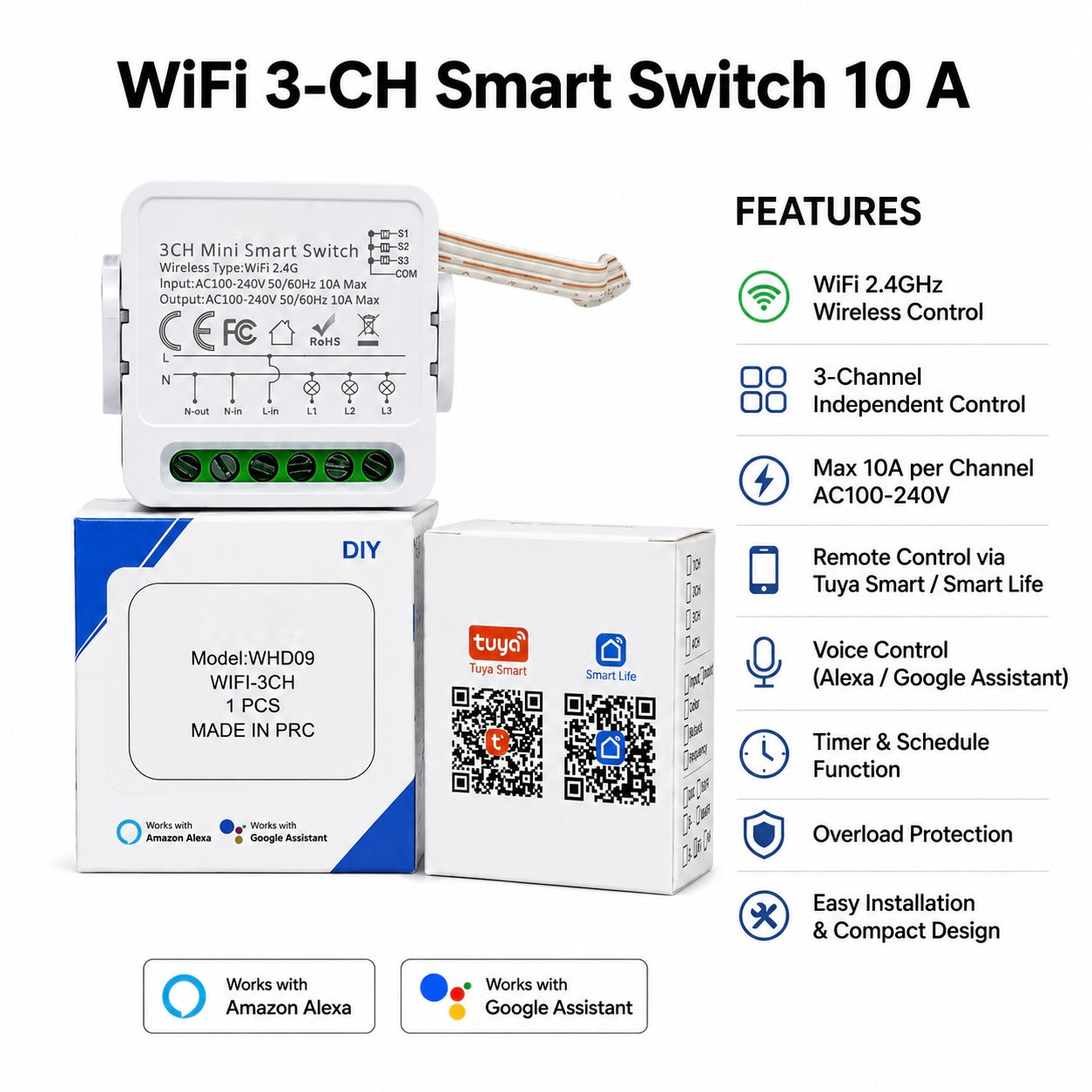 3 Channel WiFi Smart Switch 10A-16A