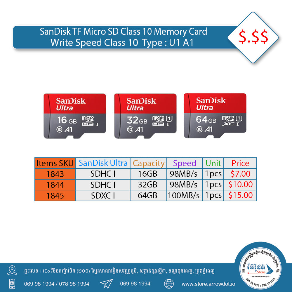 SanDisk TF Micro SD Class 10 Memory Card Write Speed Class 10 Types: U1 A1